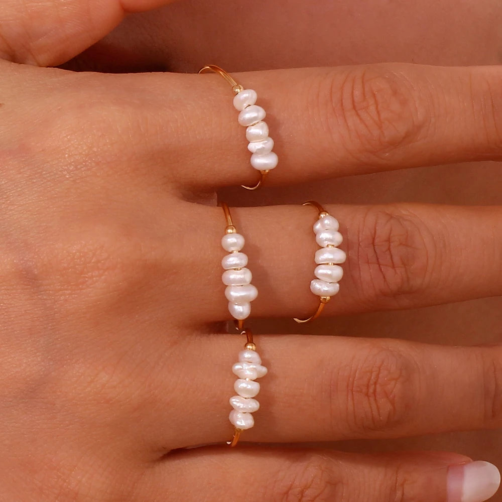 Minimalist Western Glam: Gold-Tone Rings Adorned with Freshwater Pearls