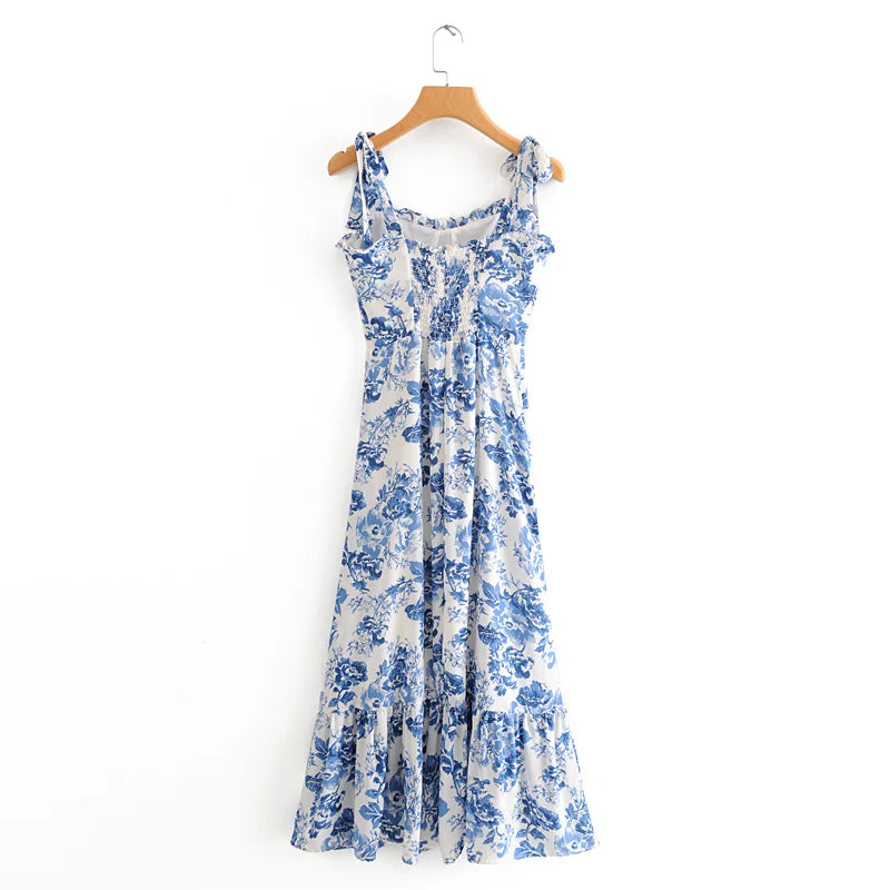 Vintage Blue White Floral Print Dress