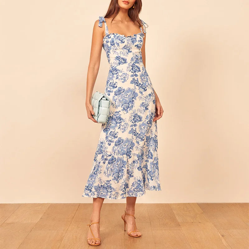 Vintage Blue White Floral Print Dress