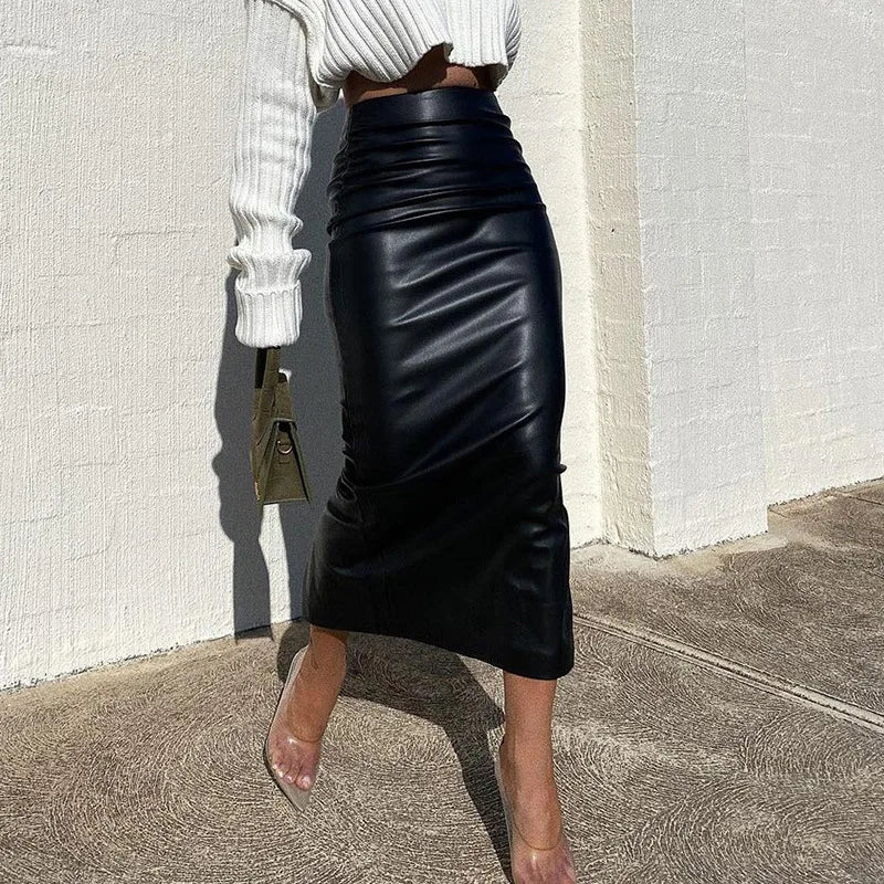 Skinny Faux Leather Split Midi Skirt