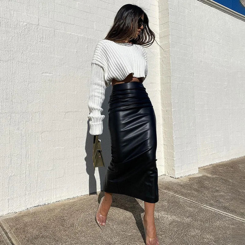 Skinny Faux Leather Split Midi Skirt