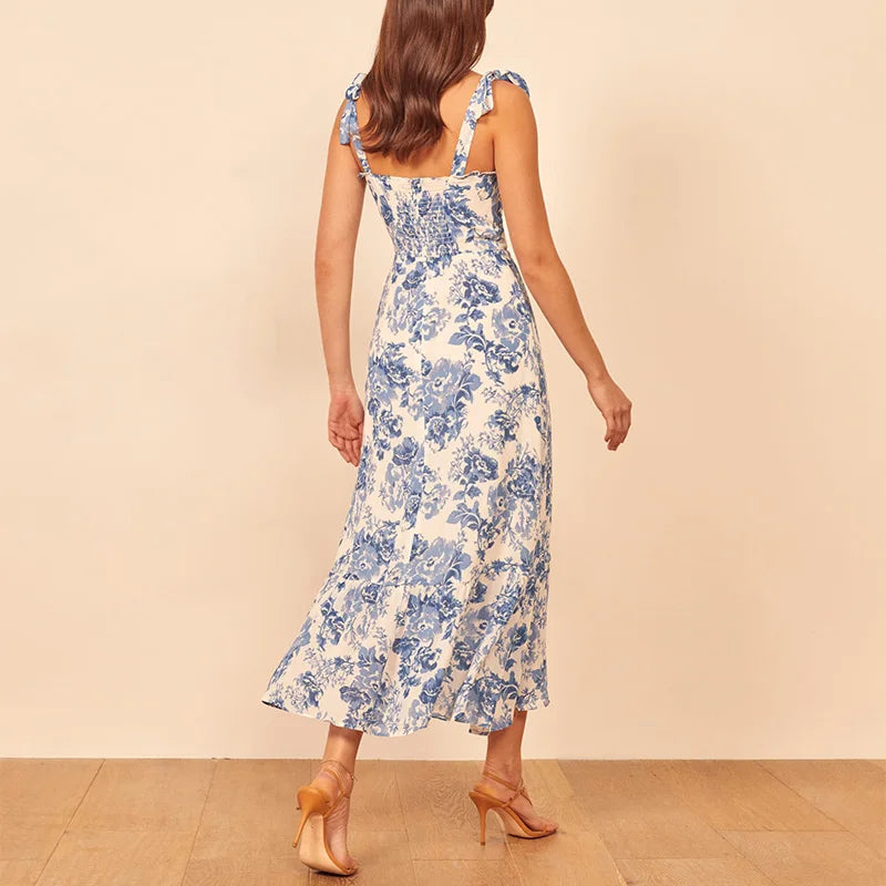 Vintage Blue White Floral Print Dress