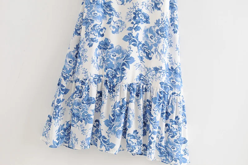 Vintage Blue White Floral Print Dress