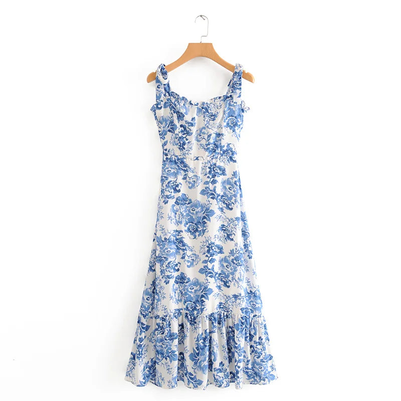 Vintage Blue White Floral Print Dress