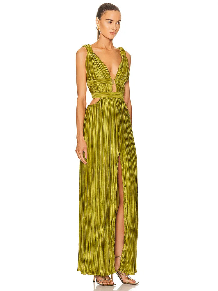 Green V-neck Sleeveless Pleated Backless Maxi Evening Dress