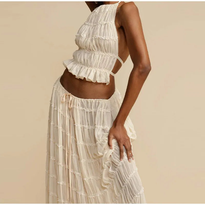 Backless Top Lace Up Fold Maxi Skirt 2 Piece Set