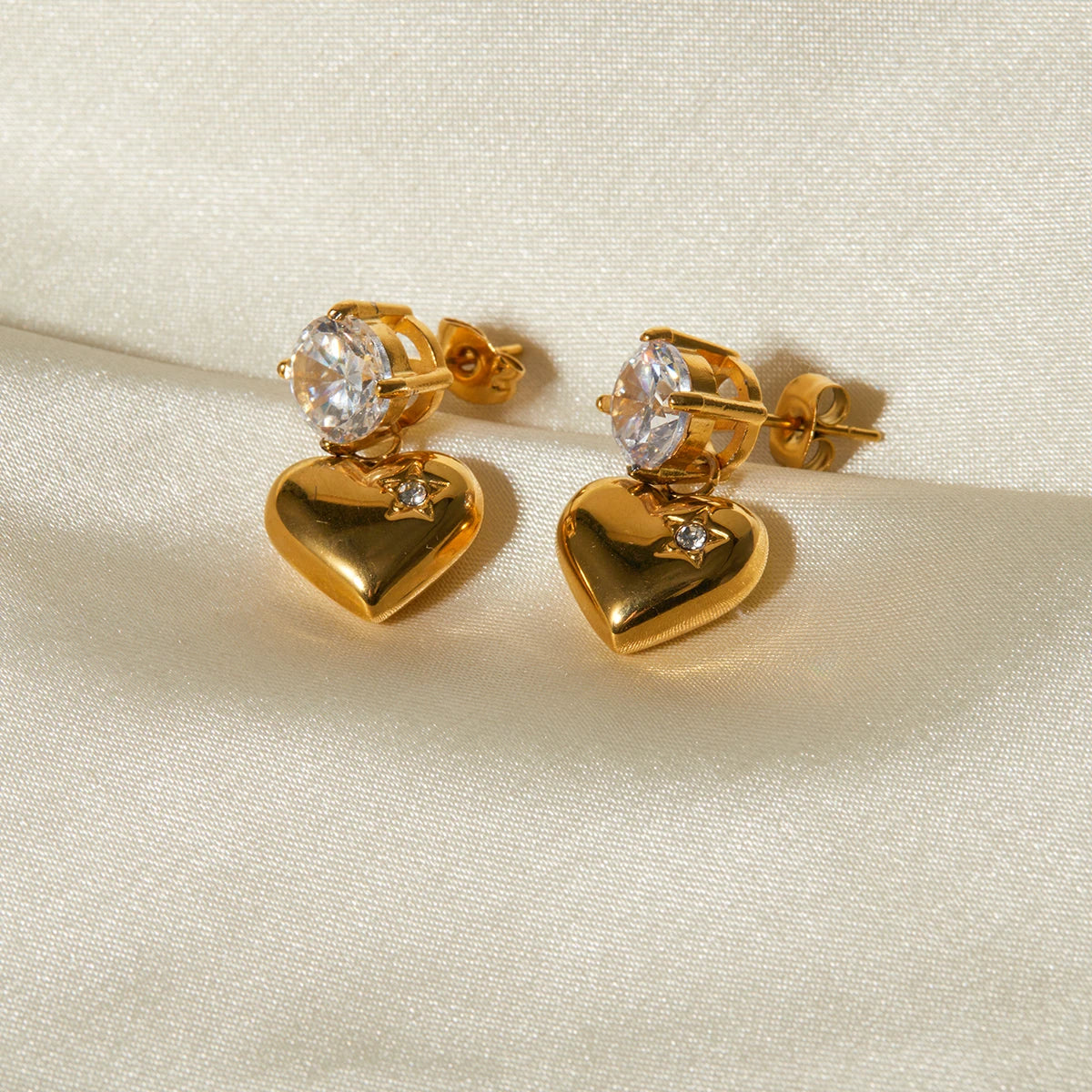 Gold Heart Drop Earrings with Crystal Stud