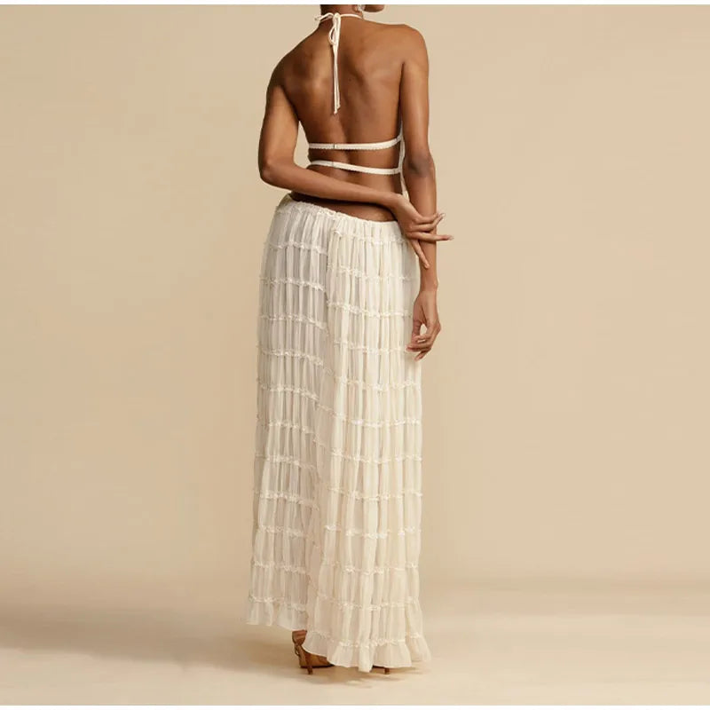 Backless Top Lace Up Fold Maxi Skirt 2 Piece Set