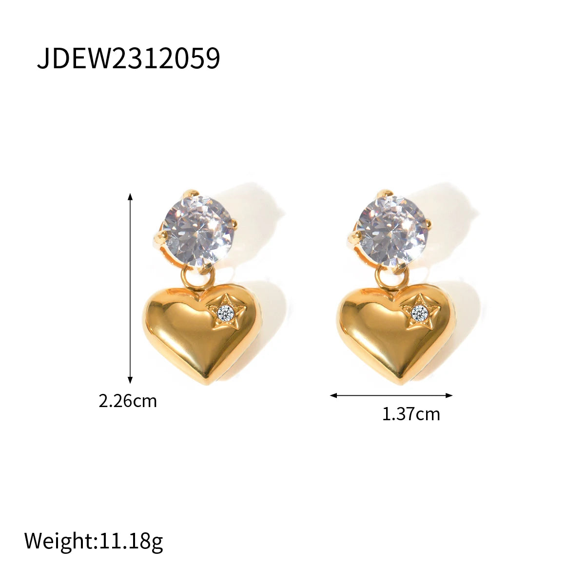 Gold Heart Drop Earrings with Crystal Stud