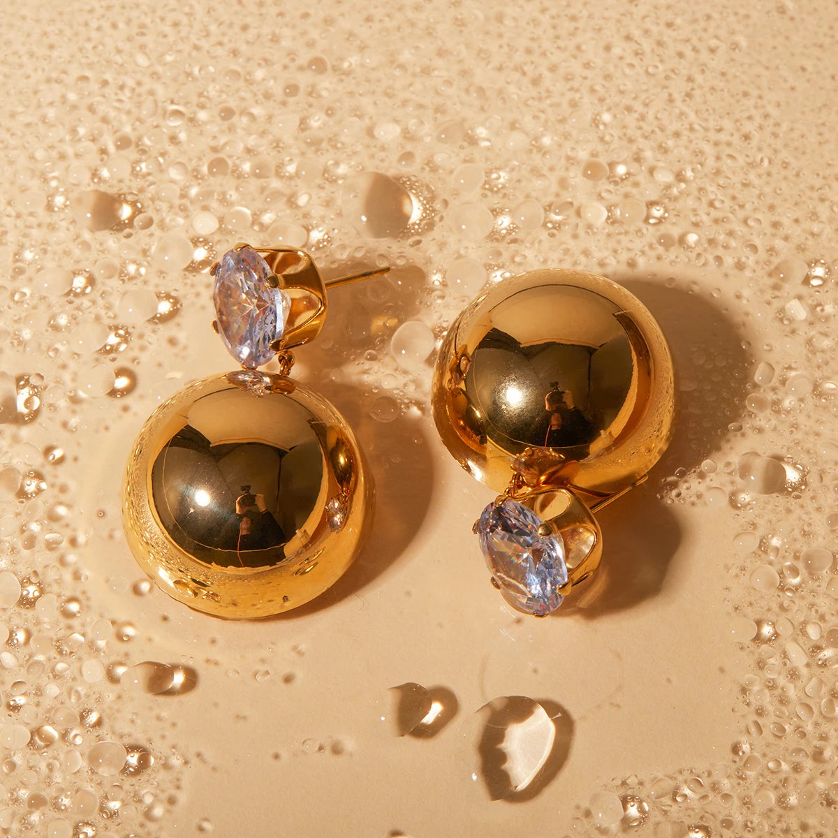 Minimalist Gold Ball Drop Earrings with Crystal Stud