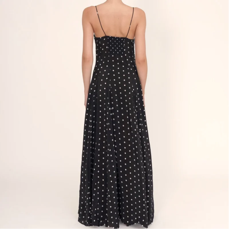 Retro Elegance: Black and White Polka Dot Spaghetti Strap Maxi Dress