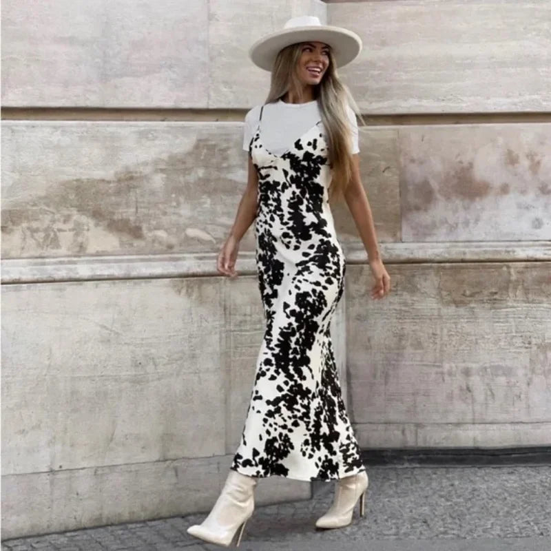 Cow Print Spaghetti Strap Maxi Dress - Women's Summer Slip Dress