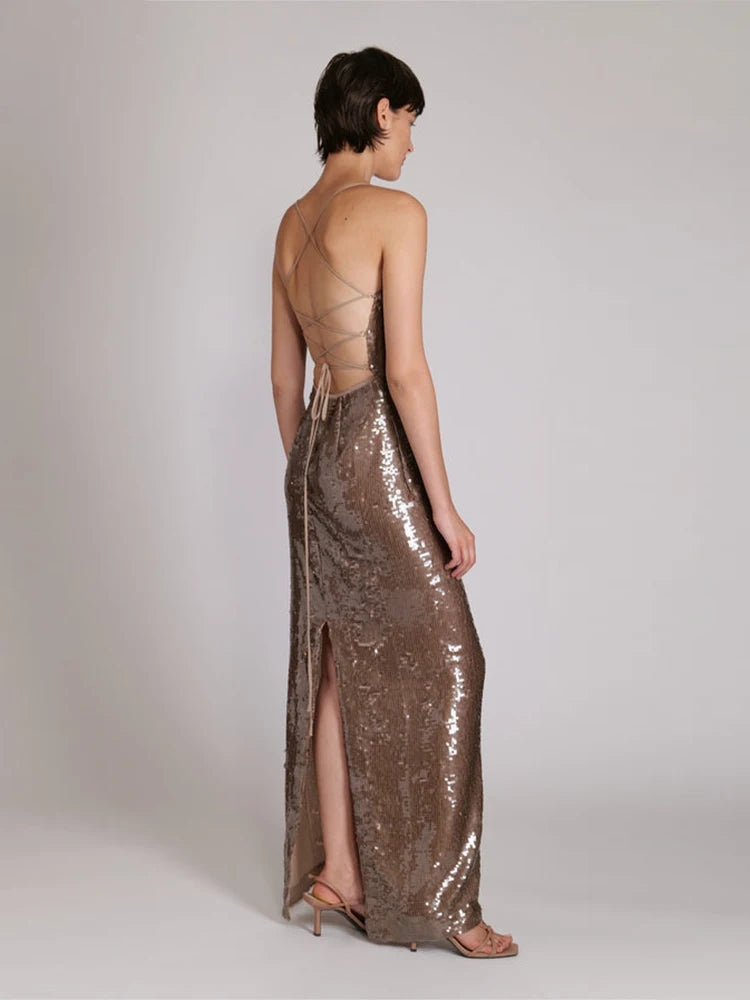 Luxury Backless Sleeveless Fitted Sequins Dress