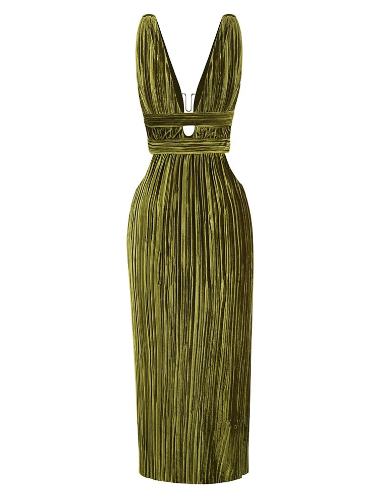 Green V-neck Sleeveless Pleated Backless Maxi Evening Dress