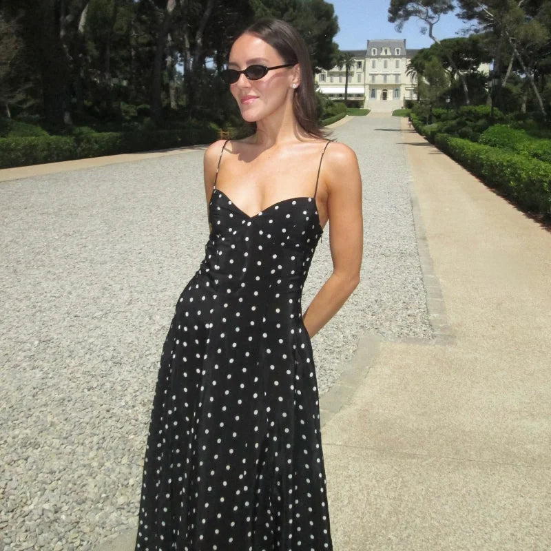 Retro Elegance: Black and White Polka Dot Spaghetti Strap Maxi Dress