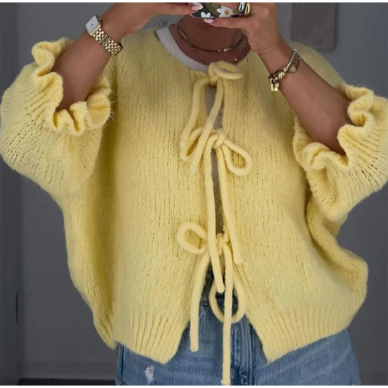 Yellow Knit Sweater with Playful Tie-Front Design