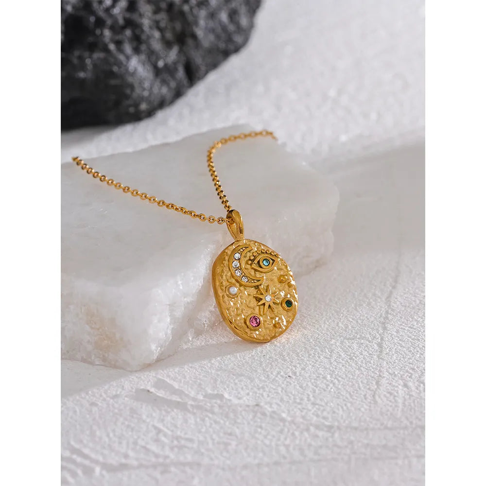 Moon Star Eye Oval Necklace - RusHush