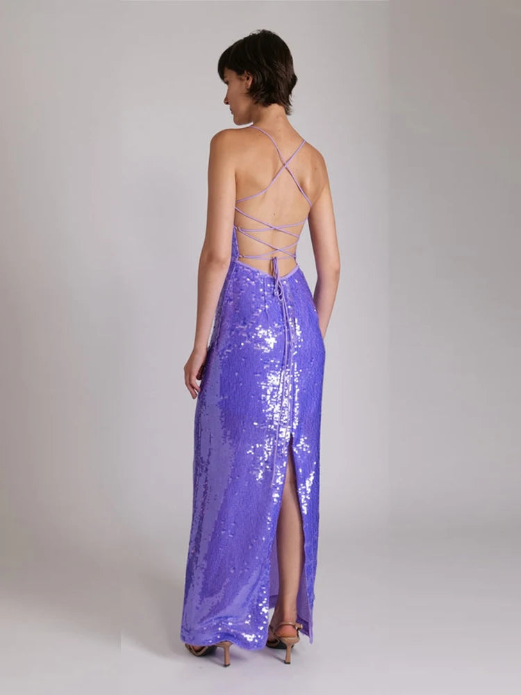 Luxury Backless Sleeveless Fitted Sequins Dress