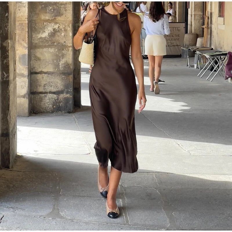 Sleek Chocolate Brown Satin Midi Dress - Sleeveless Cocktail Elegance