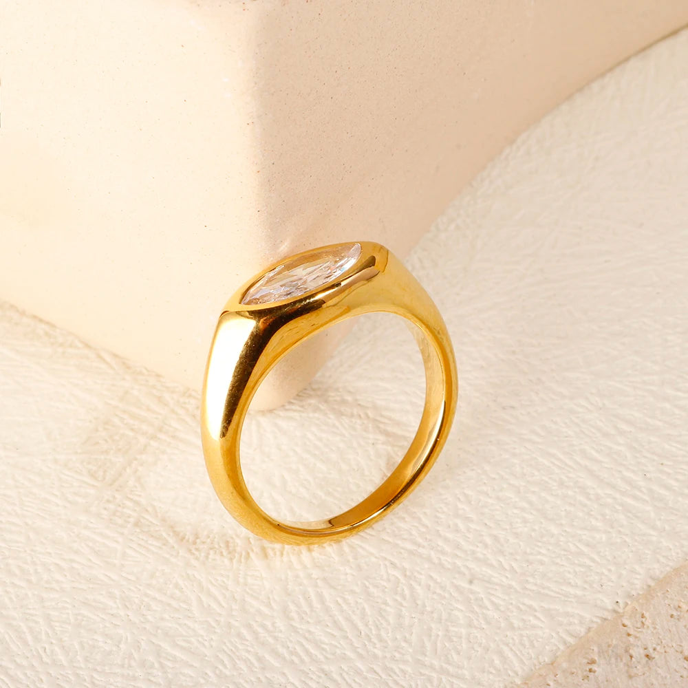 Oval Color Stone Waterproof 18K Gold Plated Ring