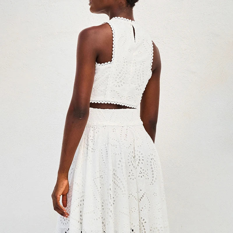 Eyelet Cut-Out Crop Top & Maxi Skirt - Boho Glam Two-Piece Set