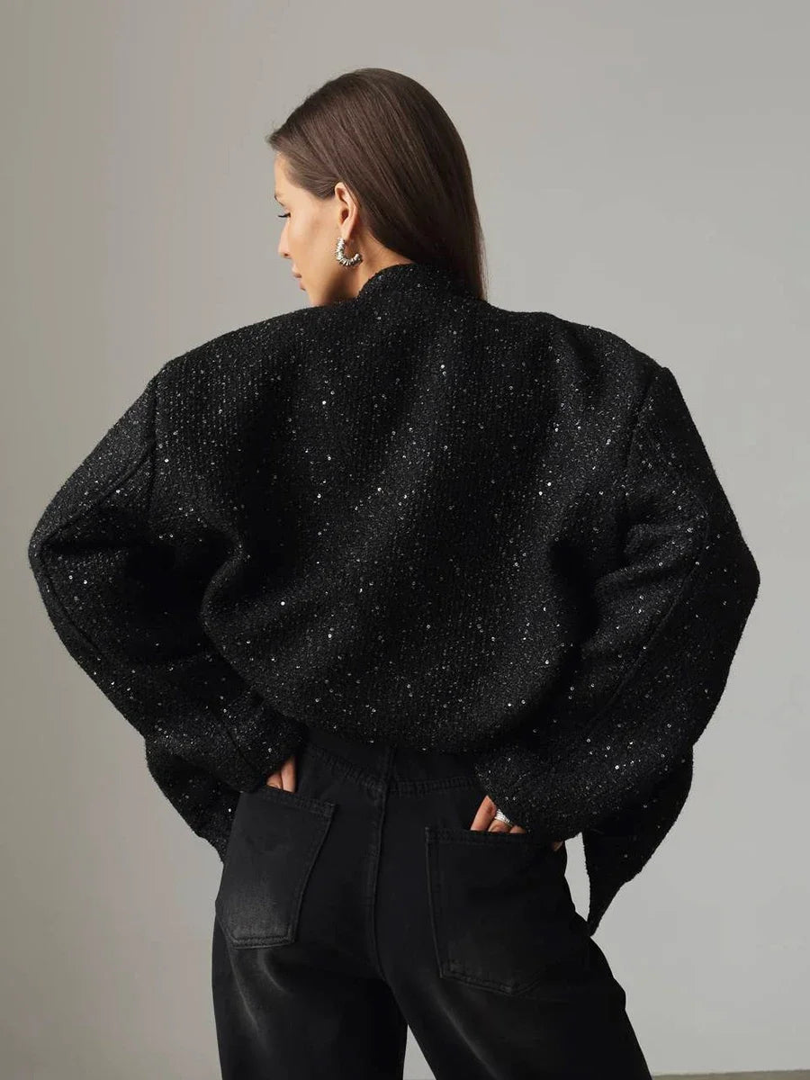 Glamorous Black Tweed Jacket with Sequin Detailing