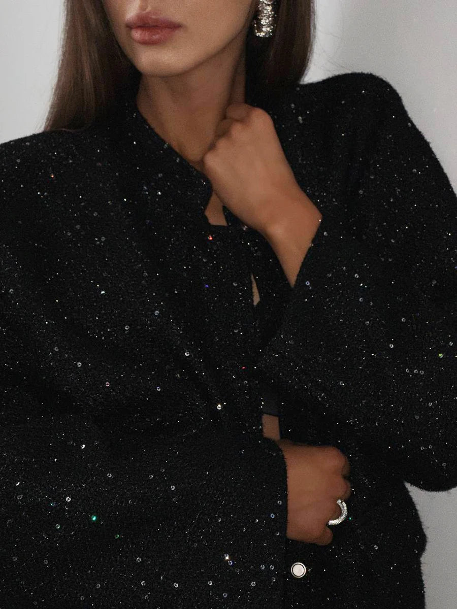 Glamorous Black Tweed Jacket with Sequin Detailing