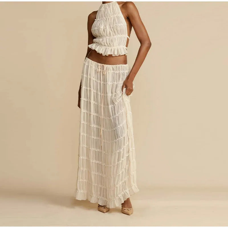 Backless Top Lace Up Fold Maxi Skirt 2 Piece Set