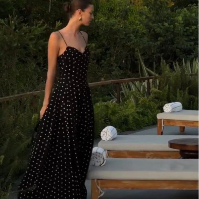 Retro Elegance: Black and White Polka Dot Spaghetti Strap Maxi Dress