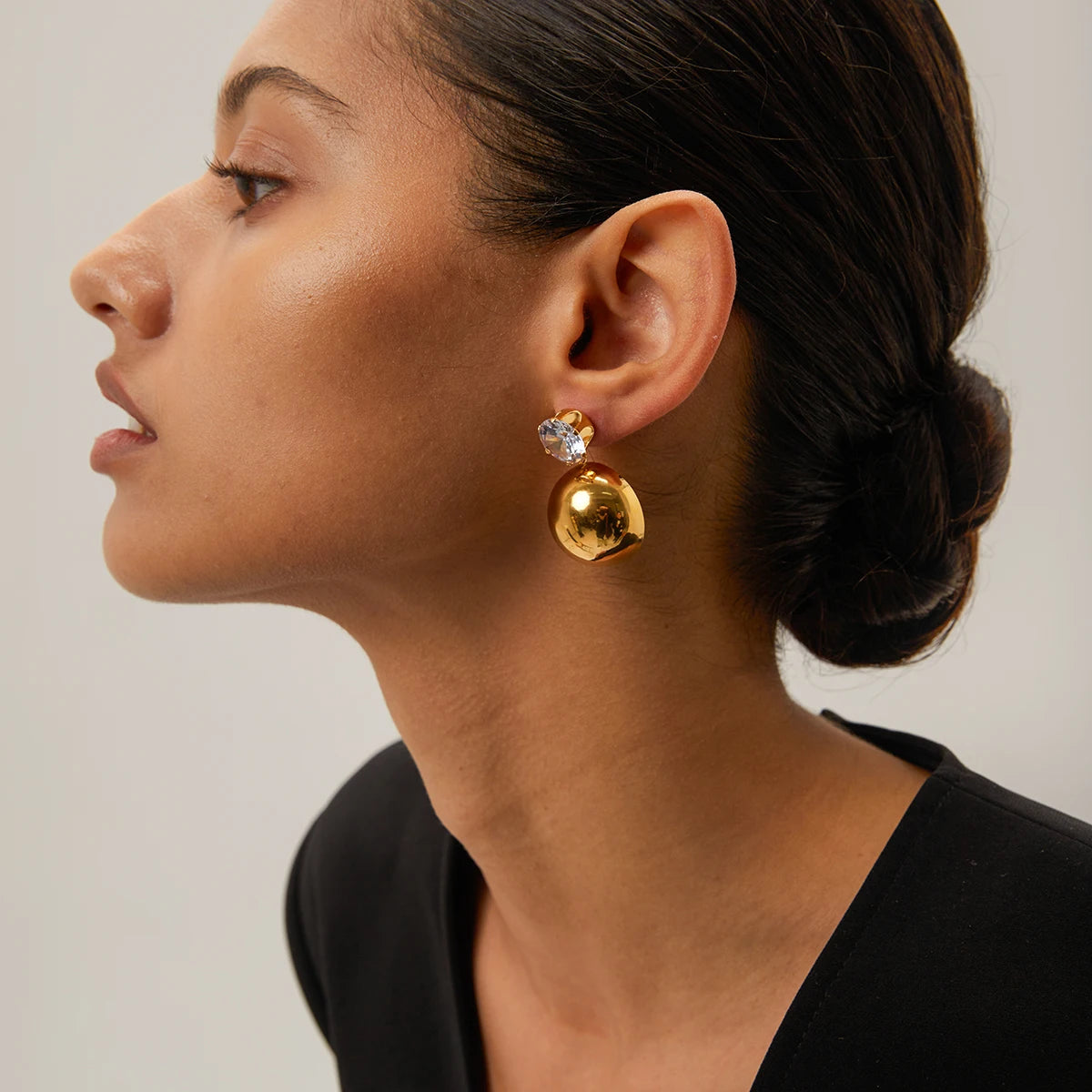 Minimalist Gold Ball Drop Earrings with Crystal Stud