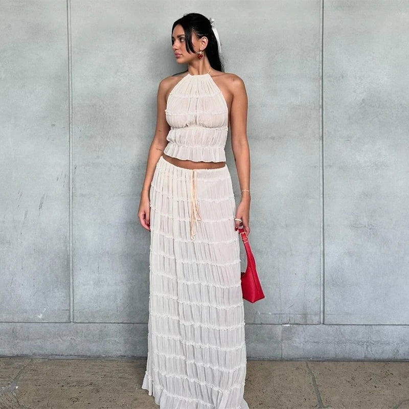 Backless Top Lace Up Fold Maxi Skirt 2 Piece Set