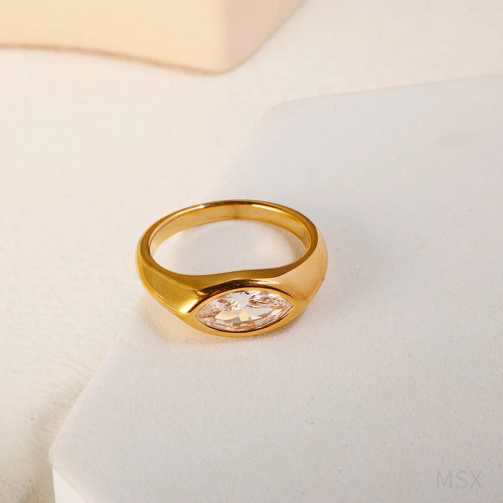 Oval Color Stone Waterproof 18K Gold Plated Ring