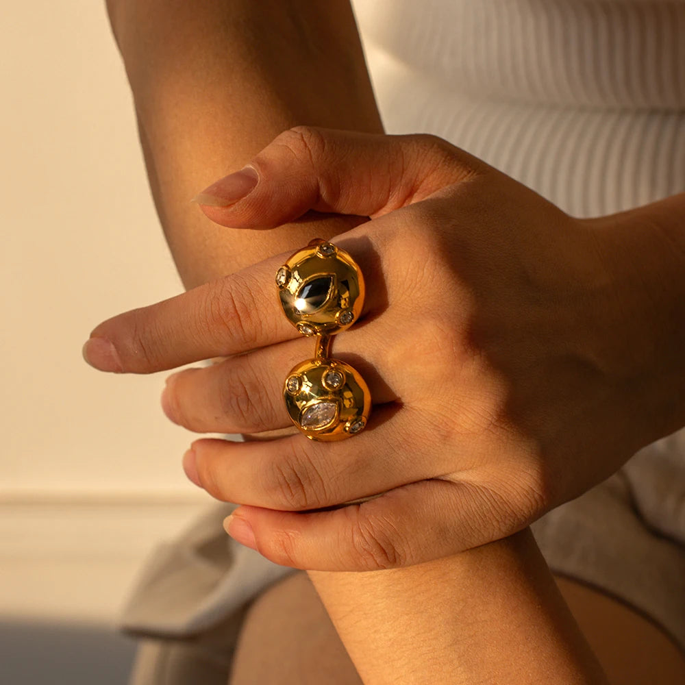 Gold Plated Dual Sphere Statement Ring – Luxury Adjustable Women’s Jewelry