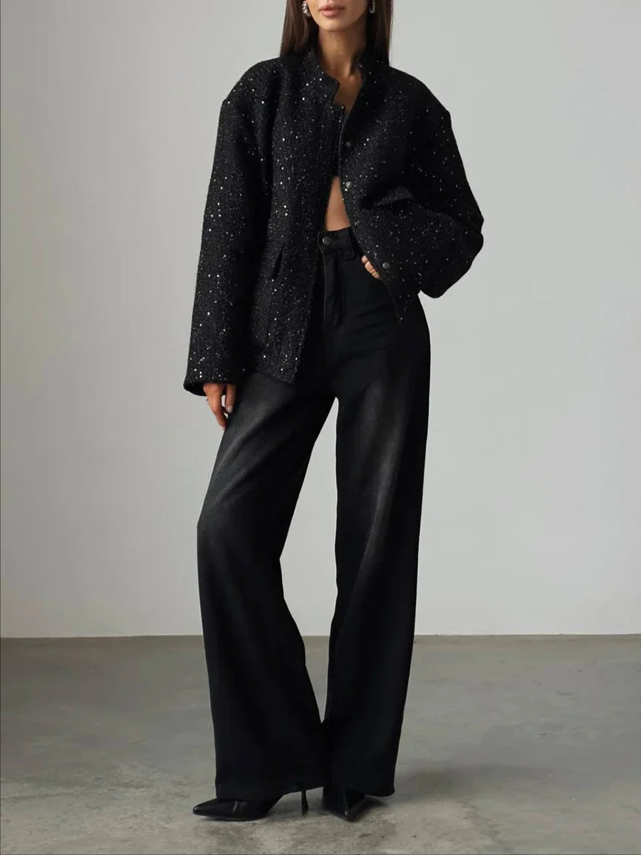 Glamorous Black Tweed Jacket with Sequin Detailing