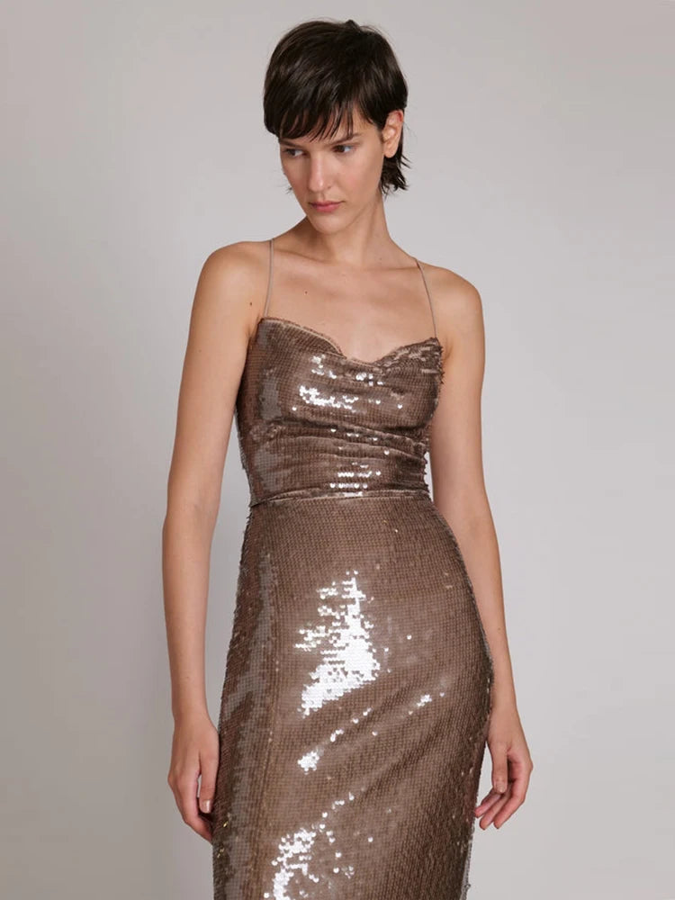 Luxury Backless Sleeveless Fitted Sequins Dress