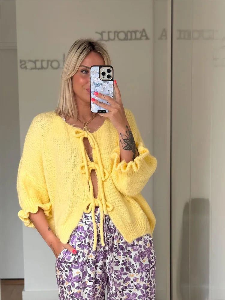 Yellow Knit Sweater with Playful Tie-Front Design