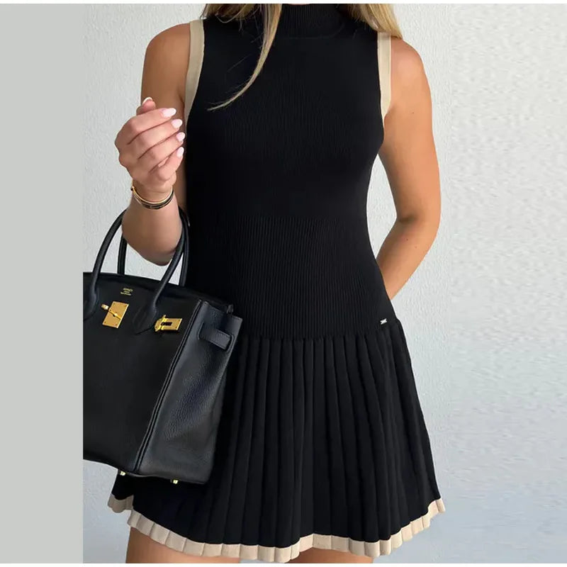 Trendy Black Ribbed Knit Mini Dress - Sleeveless with Pleated Hem