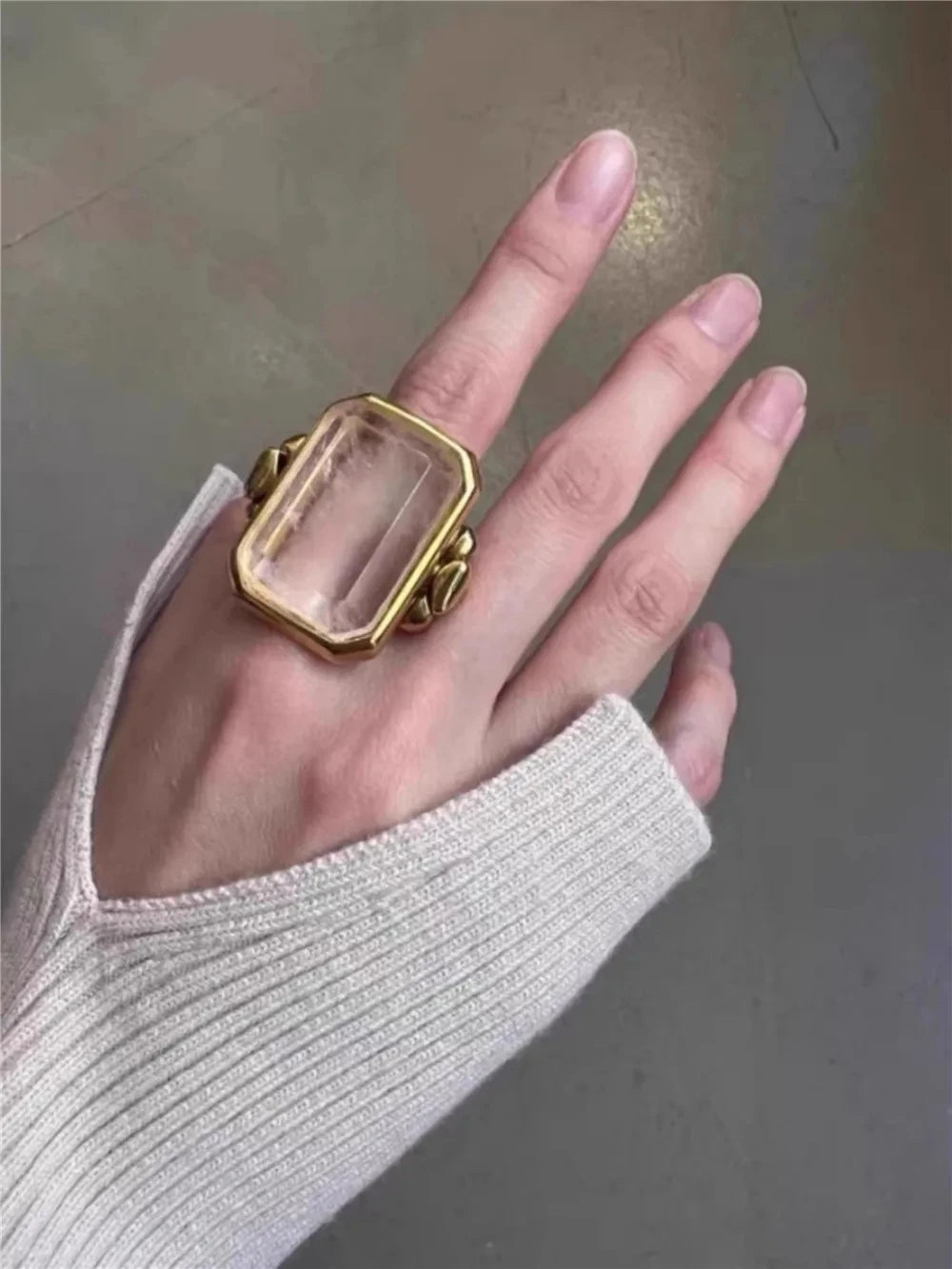 Square Natural Crystal Ring