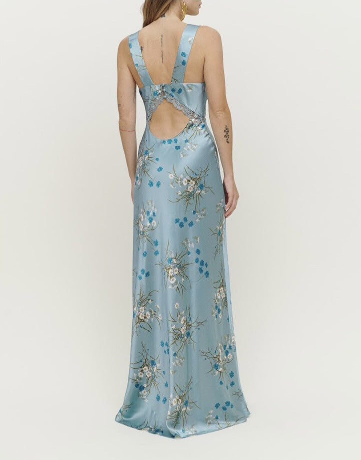 Elegant Floral Satin Maxi Dress - Light Blue