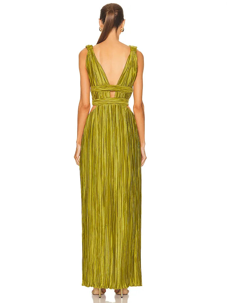 Green V-neck Sleeveless Pleated Backless Maxi Evening Dress