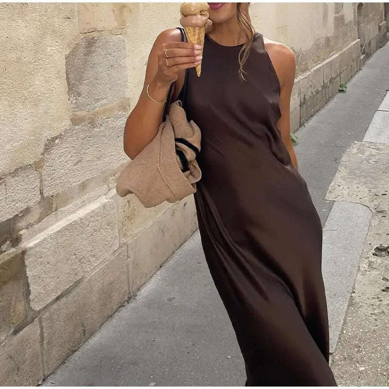 Sleek Chocolate Brown Satin Midi Dress - Sleeveless Cocktail Elegance