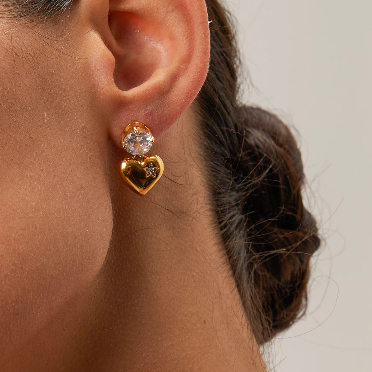 Gold Heart Drop Earrings with Crystal Stud