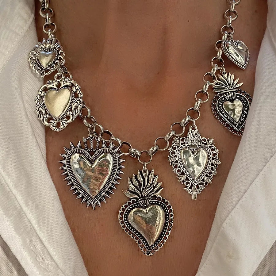 Chunky Silver Heart Statement Necklace - RusHush