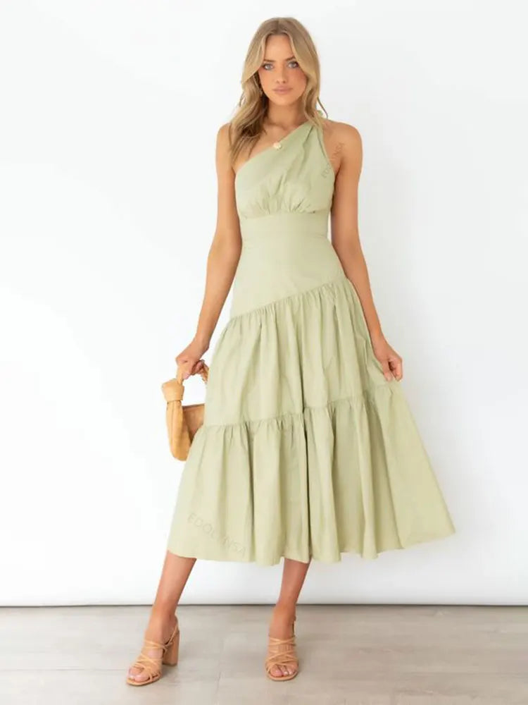 One Shoulder Tiered Midi Dress