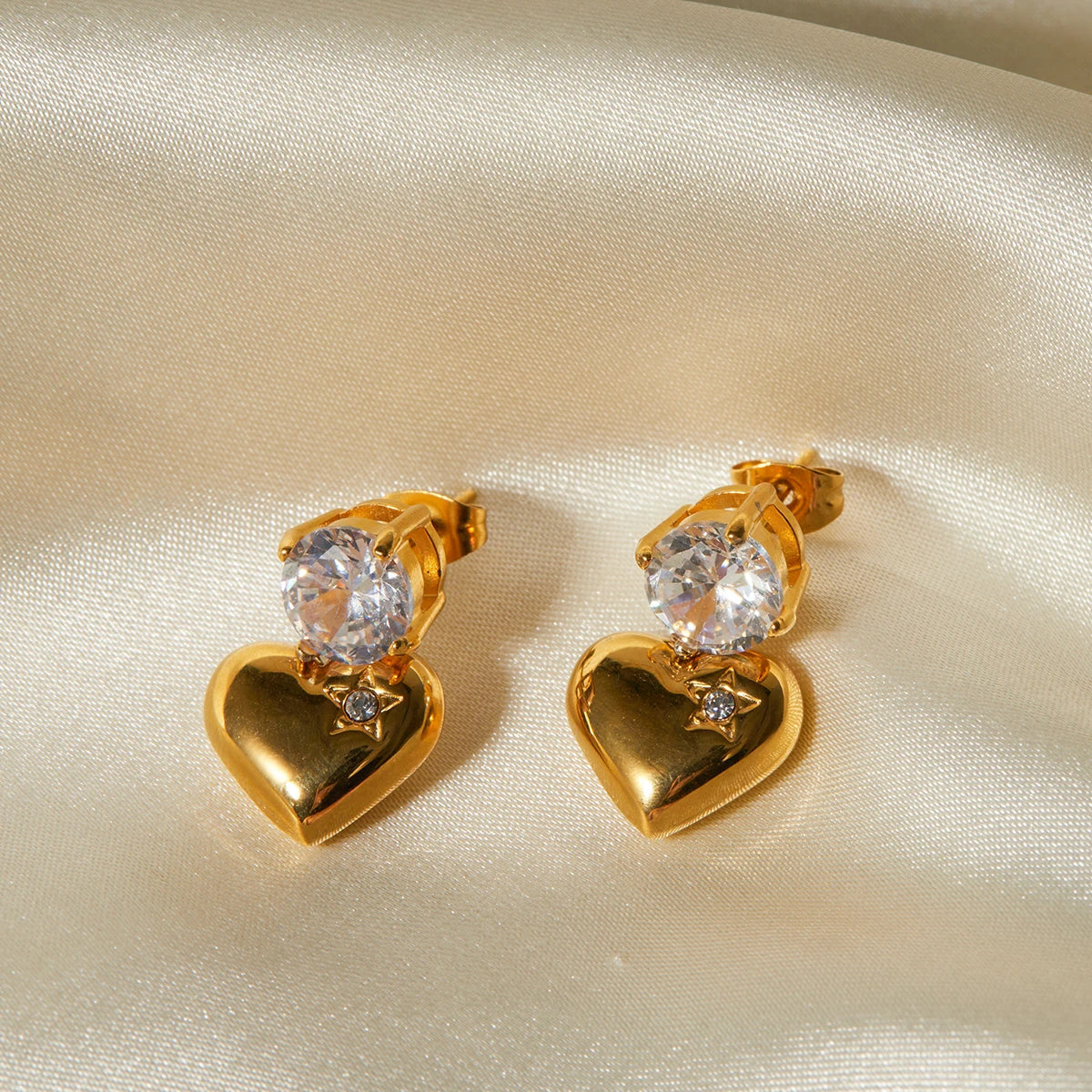 Gold Heart Drop Earrings with Crystal Stud