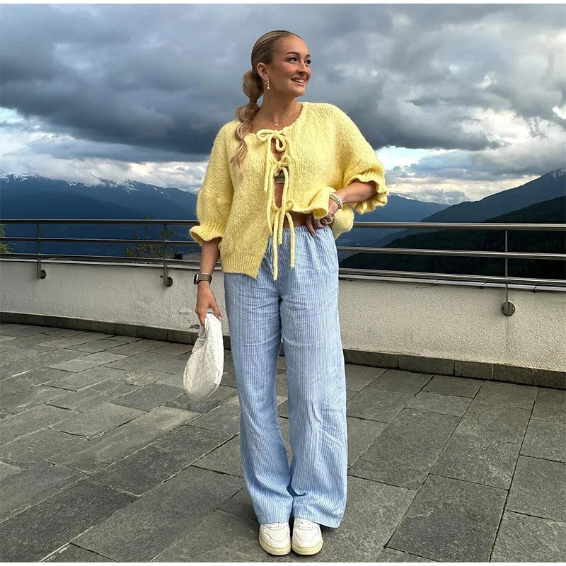 Yellow Knit Sweater with Playful Tie-Front Design