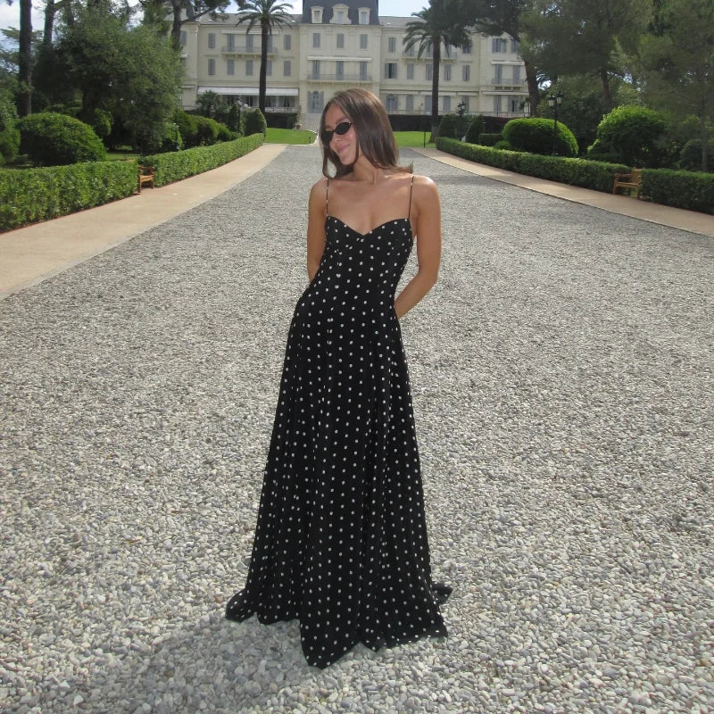 Retro Elegance: Black and White Polka Dot Spaghetti Strap Maxi Dress