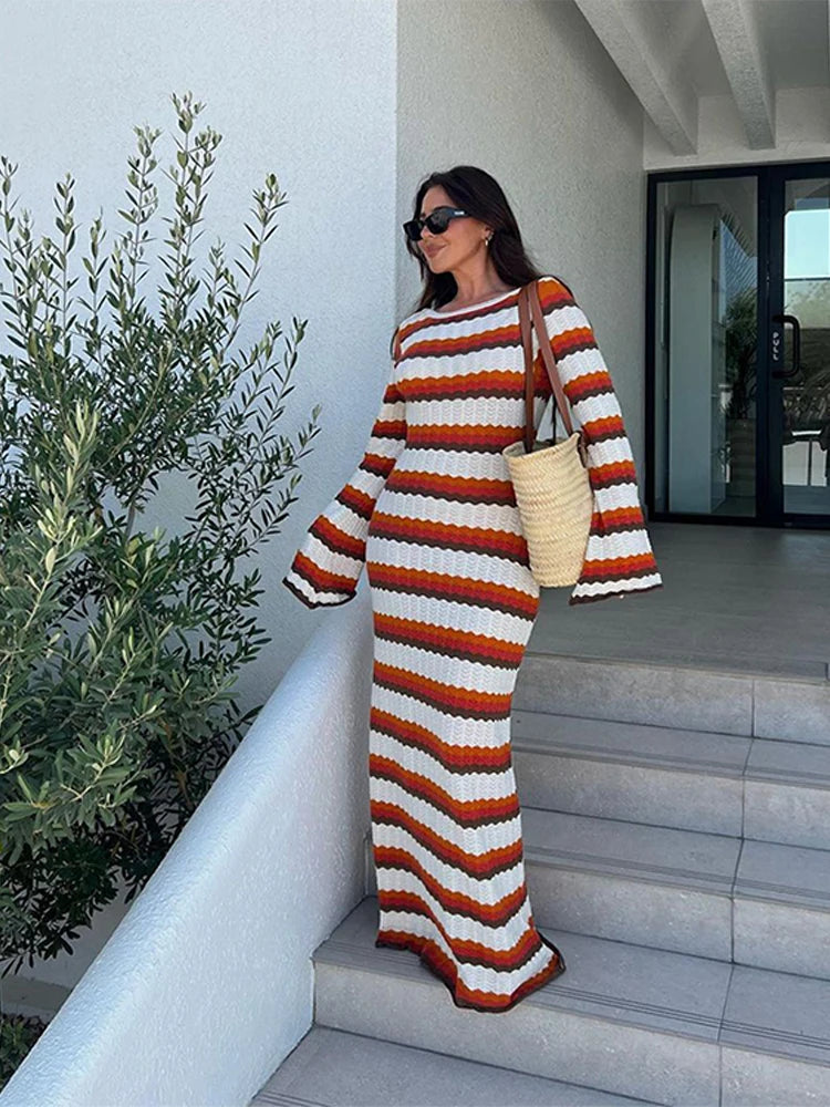 Striped Knitted Bodycon Backless Dress