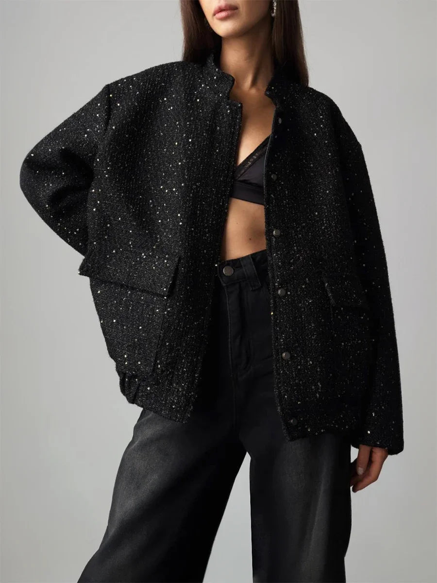 Glamorous Black Tweed Jacket with Sequin Detailing