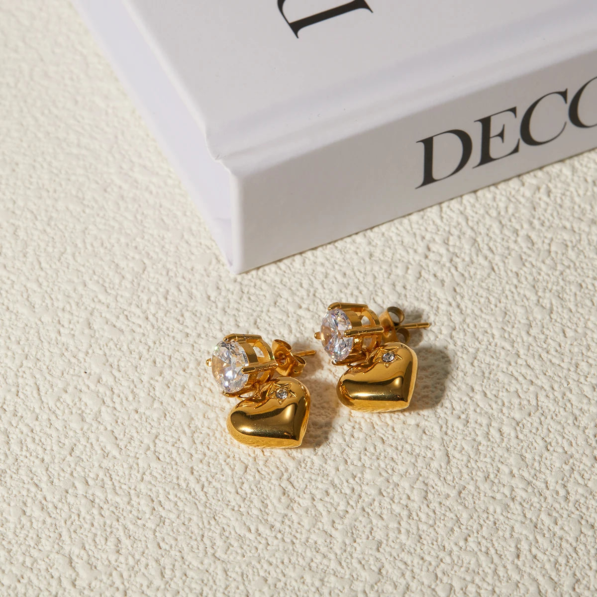 Gold Heart Drop Earrings with Crystal Stud